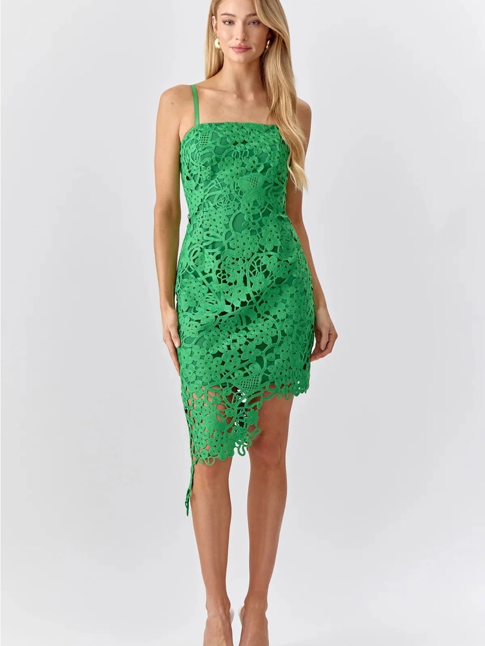 Adelyn Rae Green Crochet Asymmetric Slip Dress